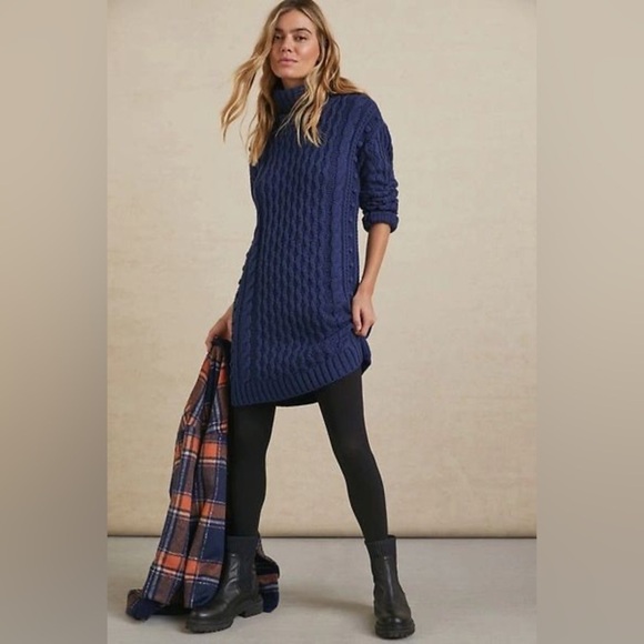 525 America NWT Anthropologie Knit Turtleneck Sweater Dress, Navy Blue - Picture 1 of 11